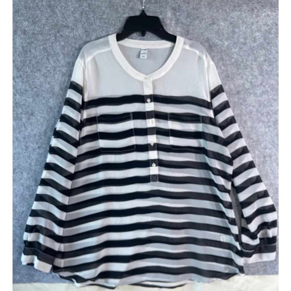 Old Navy Womens XL Black White Striped Henley Blouse Sheer Long Sleeve Shirt